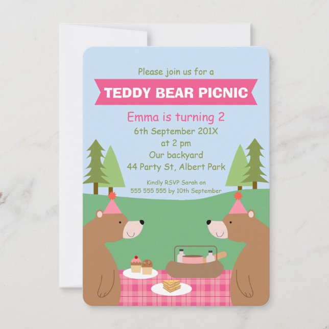 Invitation Filles Teddy Bear Pique-nique Bannière Anniversair (Devant)