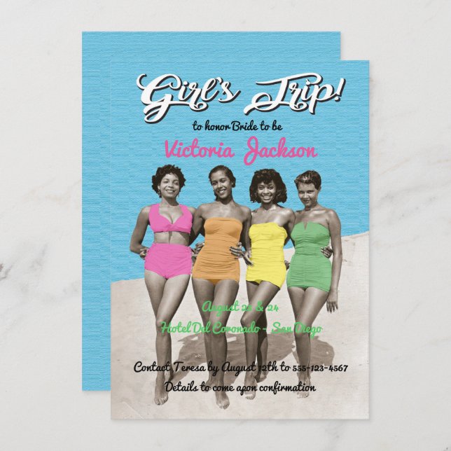 Invitation Filles Trip Beach Anniversaire ou Bachelorette Par (Devant / Derrière)