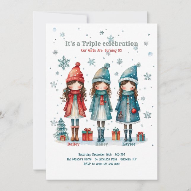 Invitation Filles Triplet Noël Fête d'anniversaire (Devant)
