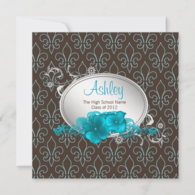 Invitation Filles Turquoise Bleu Brown Fleur De Lis Diplôme (Devant)