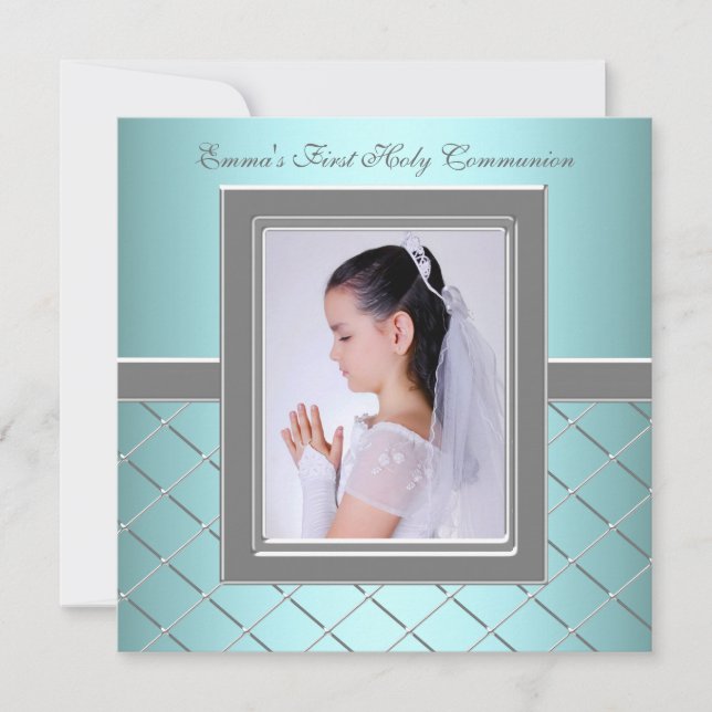 Invitation Filles Turquoise bleu photo première communion (Devant)