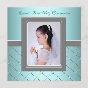 Invitation Filles Turquoise bleu photo première communion