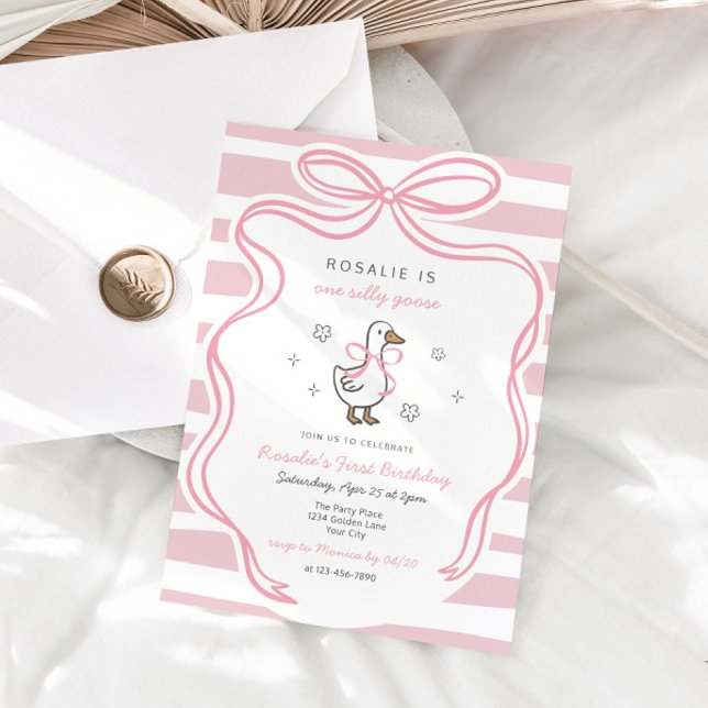 Invitation Filles une sotte oie rose coquette Anniversaire (One Silly Goose Girls First Birthday Invite)