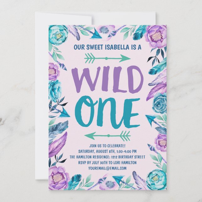 Invitation Filles Wild One Aquarelle Boho 1er Anniversaire (Devant)