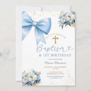 Invitation Fillet Bleu Coquette Fille Baptême et Fleurs pour 