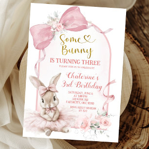 Invitation Fillette Ballerine Lapin Arc-en-ciel Rose Fleurie 