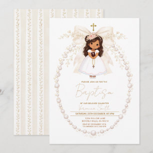 Invitation Fillette de baptême élégante perle arc 
