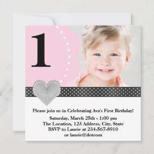 Invitation Fillettes Rose Noir Photo Fête d'anniversaire 1 an