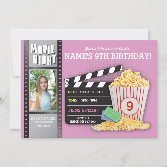 Invitation Film Nuit Rose Cinéma Anniversaire Fête Photo (Devant)