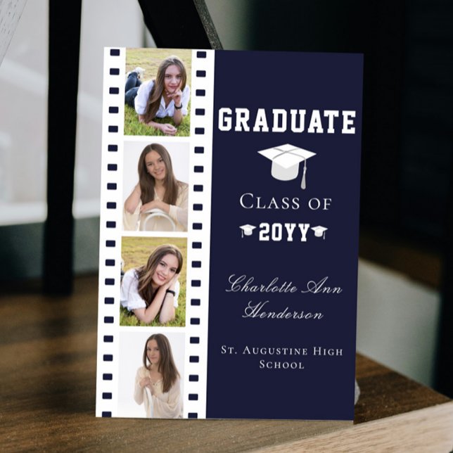 Invitation Filmstrip Four Photo Collage Graduation | Bleu (Blue Filmstrip Four Photo Collage Graduation Announcement Invitation)
