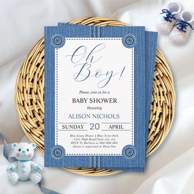 Invitation Fils bleu avec coutures et boutons bébé garçon dou (Créateur téléchargé)