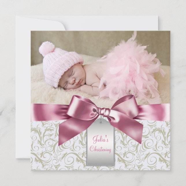 Invitation Fils d'ivoire rose Bébé Fille Photo Christening (Devant)