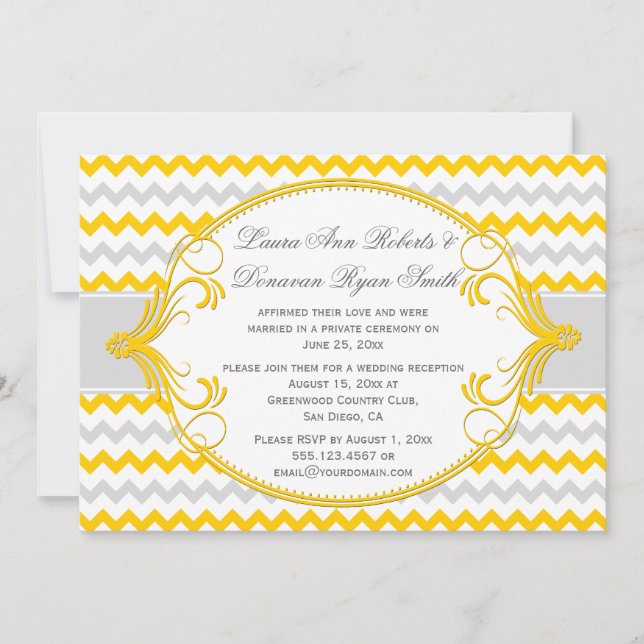 Invitation Fils Gris Jaune Frame Réception Chevron Seulement (Devant)