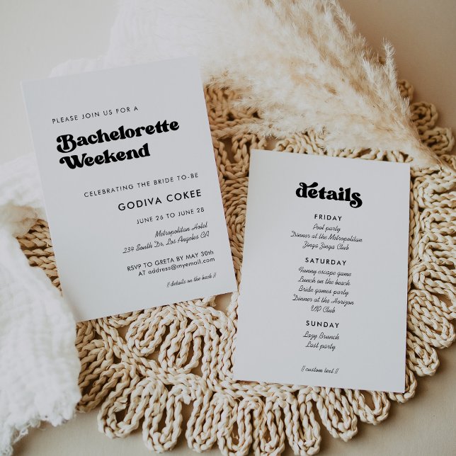 Invitation Fin de semaine Bachelorette noir & blanc rétro élé (Créateur téléchargé)