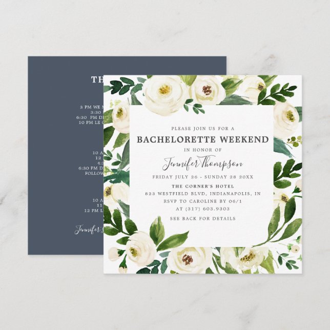 Invitation Fin de semaine de bachelorette à fleurs blanches e (Devant / Derrière)