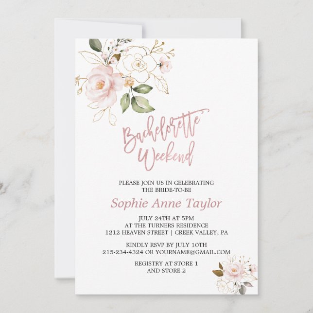 Invitation Fin de semaine de Bachelorette aux fleurs d'or ros (Devant)