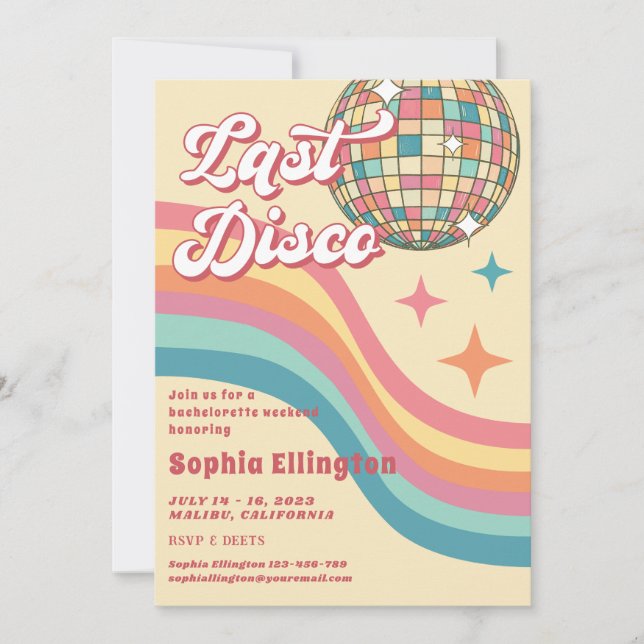 Invitation Fin de semaine de dernier Disco 70's Retro Bachelo (Devant)