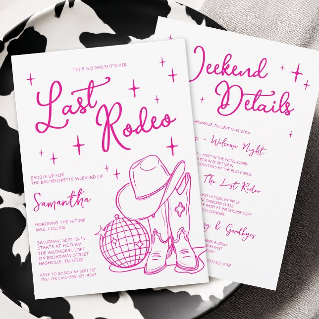 Invitation Fin de semaine de la Dernière rodéo rose de l'Oues (Pink Western Last Rodeo Bachelorette Weekend Invitation)