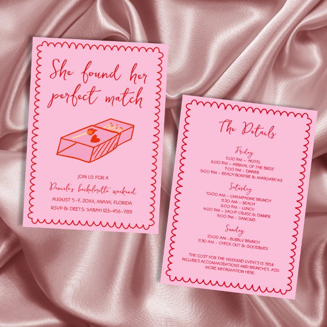 Invitation Fin de semaine de la licence rose à la main parfai (Perfect Match Hand Drawn Pink Bachelorette Weekend Invitation)