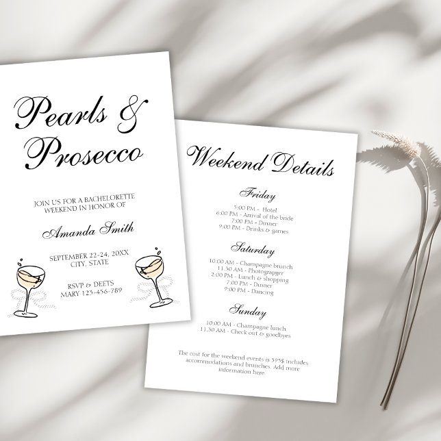 Invitation Fin de semaine des perles et poursuites élégantes  (Pearls & Prosecco Elegant Bachelorette Weekend Invitation)