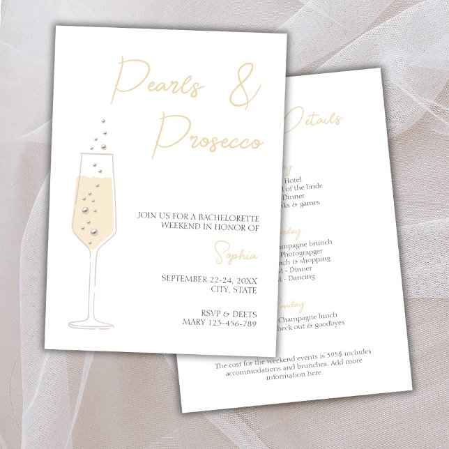 Invitation Fin de semaine des perles et poursuites élégantes  (Pearls & Prosecco Elegant Bachelorette Weekend Invitation weekend itinerary)
