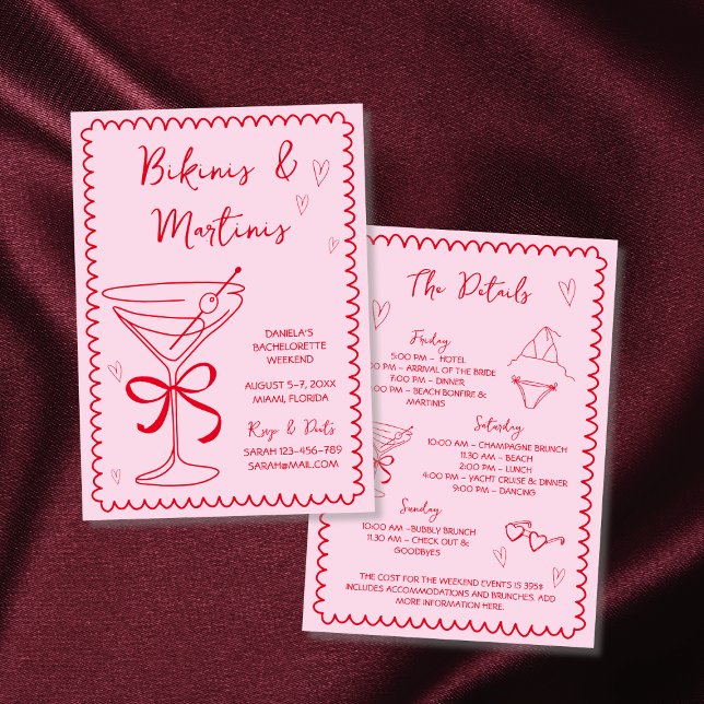 Invitation Fin de semaine du bachelorette Bikinis & Martinis (Bikinis & Martinis Hand Drawn Bachelorette Weekend Invitation Pink And Red Illustared Scribble)