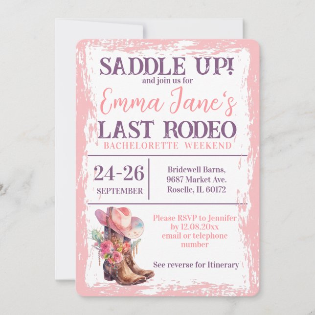 Invitation Fin de semaine du Dernier Rodeo Rose Bachelorette (Devant)
