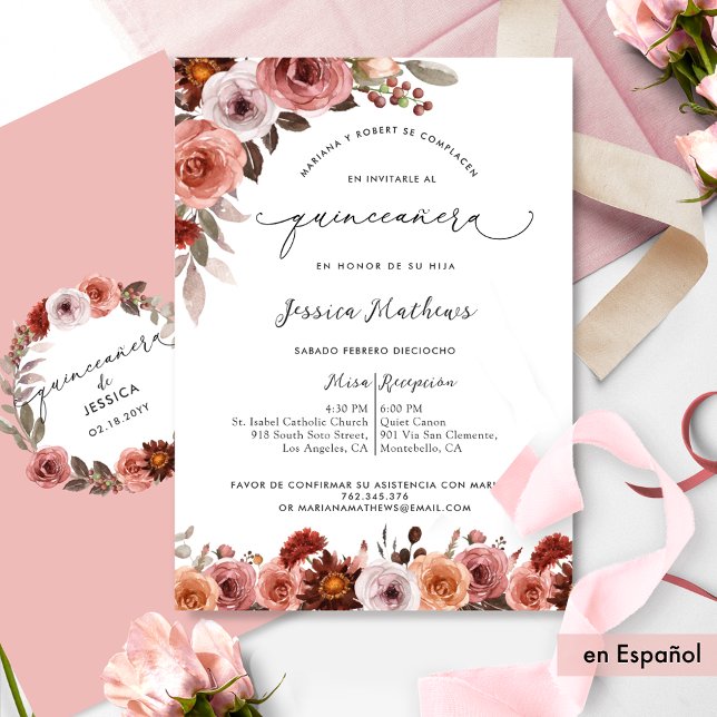 Invitation Fina Invitación Con Flores En Rosa De Quinceañera (Créateur téléchargé)
