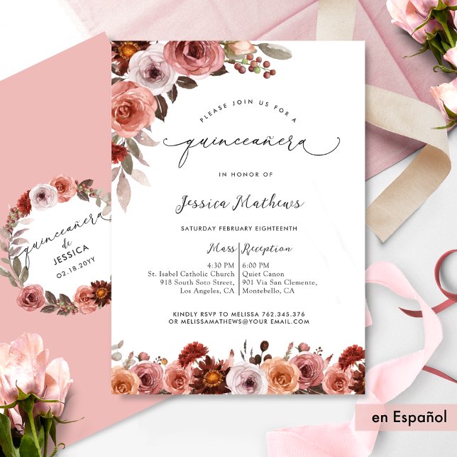 Invitation Fina Invitación de Quinceañera con Flores en Rosa (Créateur téléchargé)
