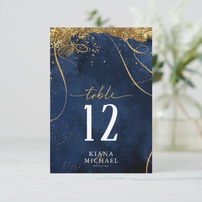 Invitation Fine Lines Gold Abstrait Mariage Navy ID867 (Debout devant)