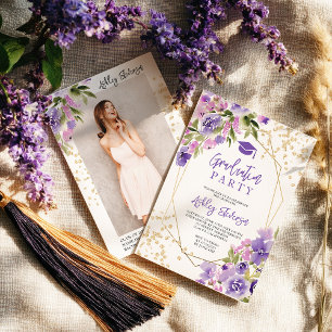 Invitation Finition pailletée or Fleurie girly violette photo