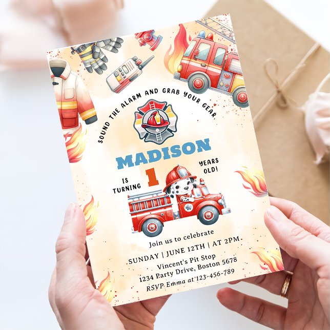 Invitation Fire Truck Fire Engine 1ère fête d'anniversaire (Créateur téléchargé)