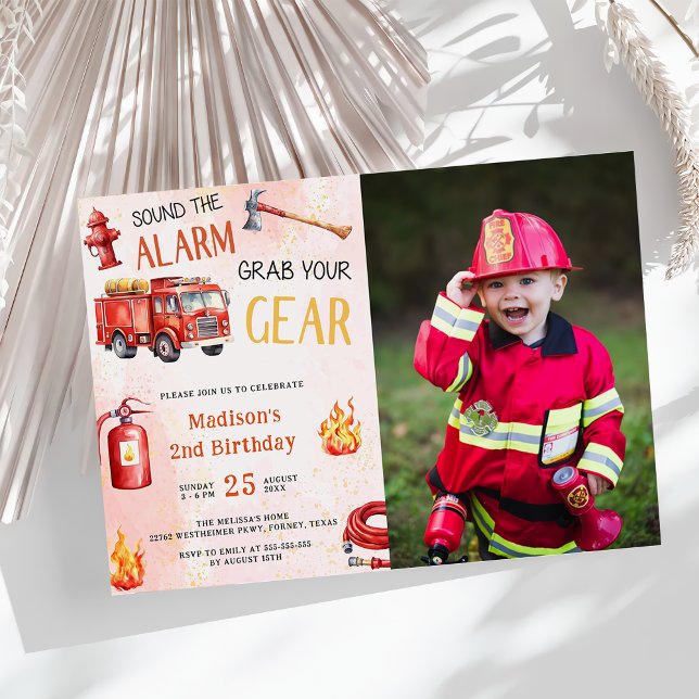 Invitation Fire Truck Fire Engine 2e fête d'anniversaire Phot (Créateur téléchargé)