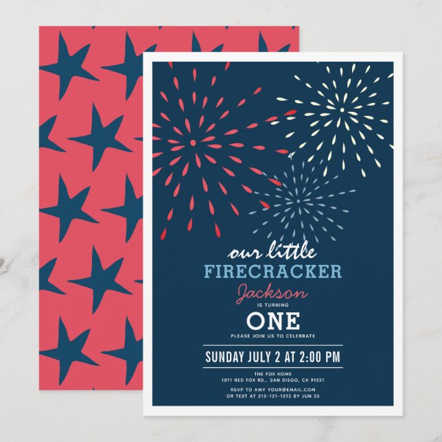 Invitation Firecracker 4 juillet Fireworks Anniversaire (Devant / Derrière)