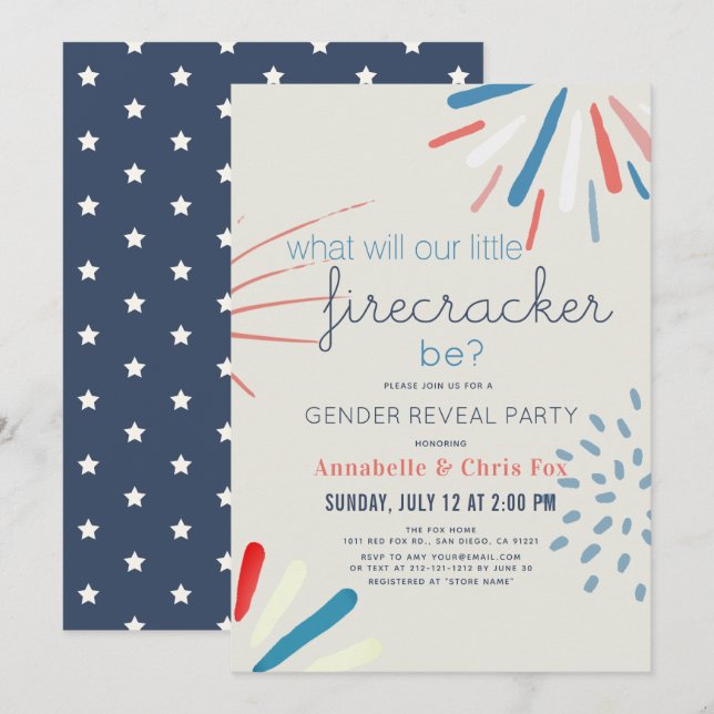 Invitation Firecracker 4 juillet Fireworks Révélation de genr (Devant / Derrière)