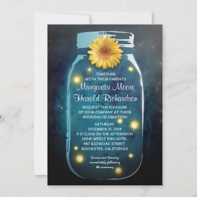 Invitation Fireflies & Mariage Whimsical Mason bleu (Devant)