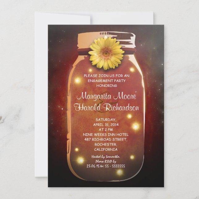 Invitation Fireflies & Mason Jar Fête de l'engagement lunaire (Devant)
