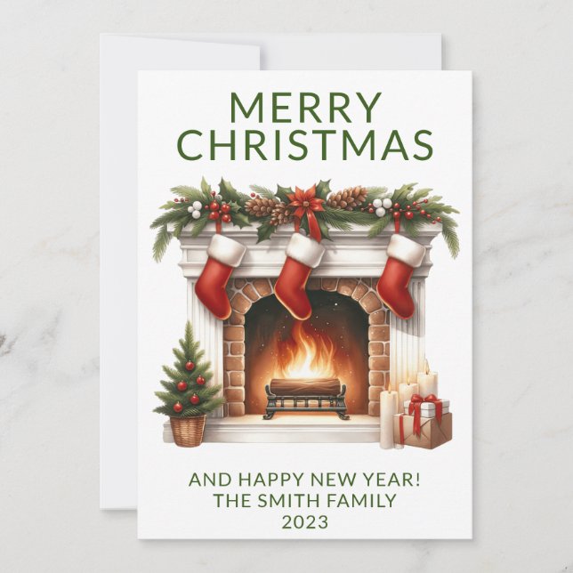 Invitation Fireplace Stockings Green Holiday Card (Devant)