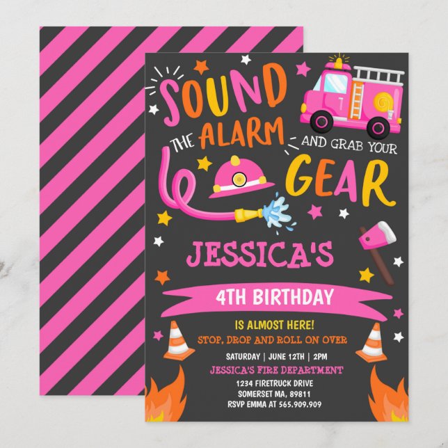 Invitation Firetruck Anniversaire Pink Firefighter (Devant / Derrière)