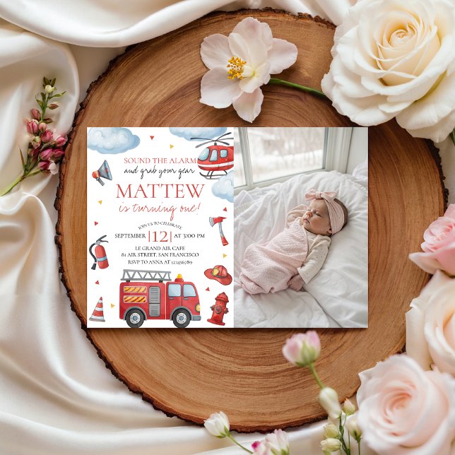Invitation Firetruck Birthday Invite With Photo (Créateur téléchargé)