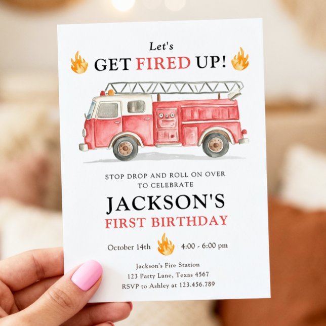 Invitation Firetruck Let's Get Fired Up Boy First Birthday (Créateur téléchargé)
