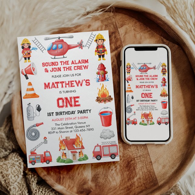 Invitation Firetrucks Boy 1st Birthday | Cute Little party (Firetrucks Boy 1st Birthday | Cute Little party Invitation
)