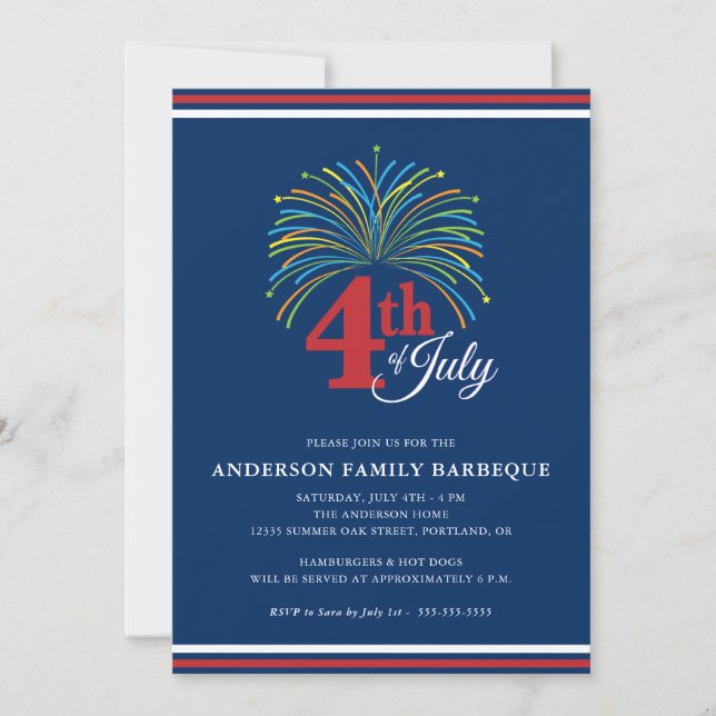 Invitation Fireworks Famille Barbeque 4 juillet fête (Devant)