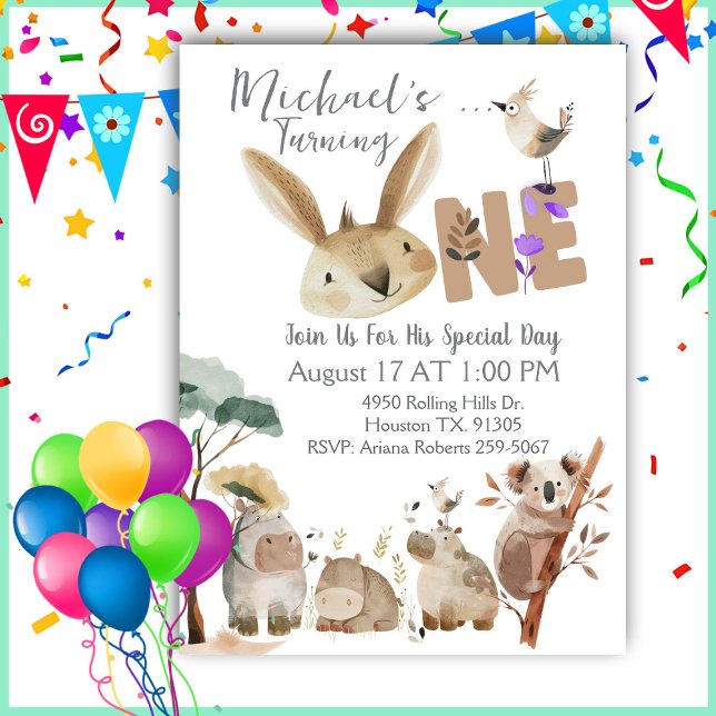 Invitation First Birthday Watercolor Safari Animals (Créateur téléchargé)