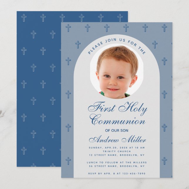 Invitation First Communion Boy Photo Dusty Blue Arch Moderne (Devant / Derrière)