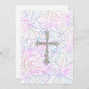 Invitation First Communion Butterfly Silver Cross