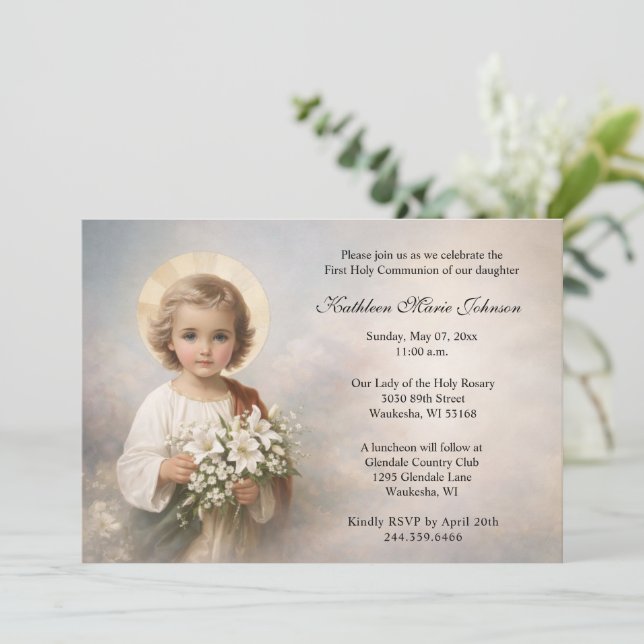 Invitation First Communion Child Jesus with Lilies (Debout devant)