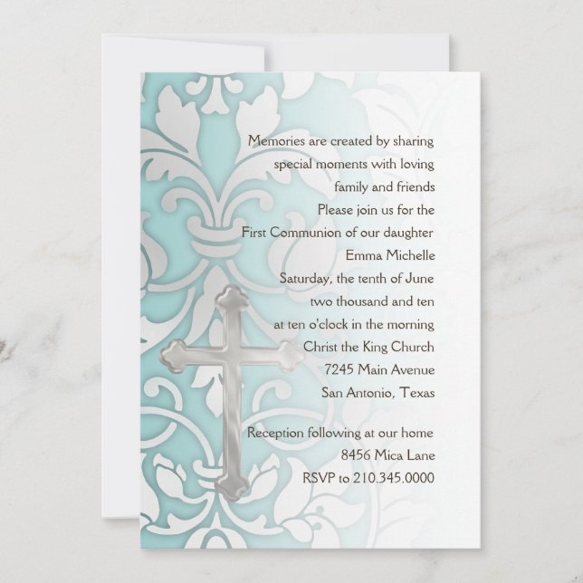 Invitation First Communion Damask and Cross (Front)