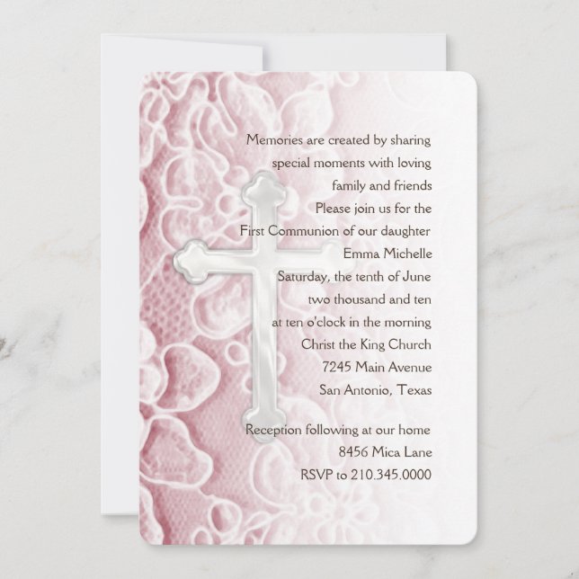 Invitation First Communion Lace and Cross Pink (Front)