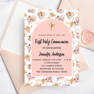 Invitation First Communion pampas fleurs rose or rose fille
